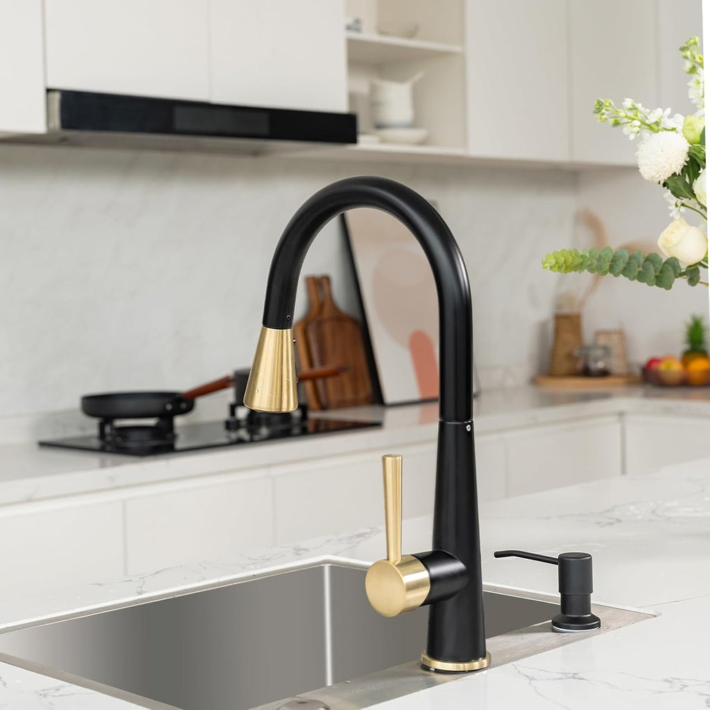 Kitchen Faucet with Pull Down Sprayer, Lava Odoro Matte Black and Brushed Gold Kitchen Sink Faucet, Black and Brass Faucet for Kitchen Sink with Magnetic Docking Spray Head and Deck Plate, KF321-GB