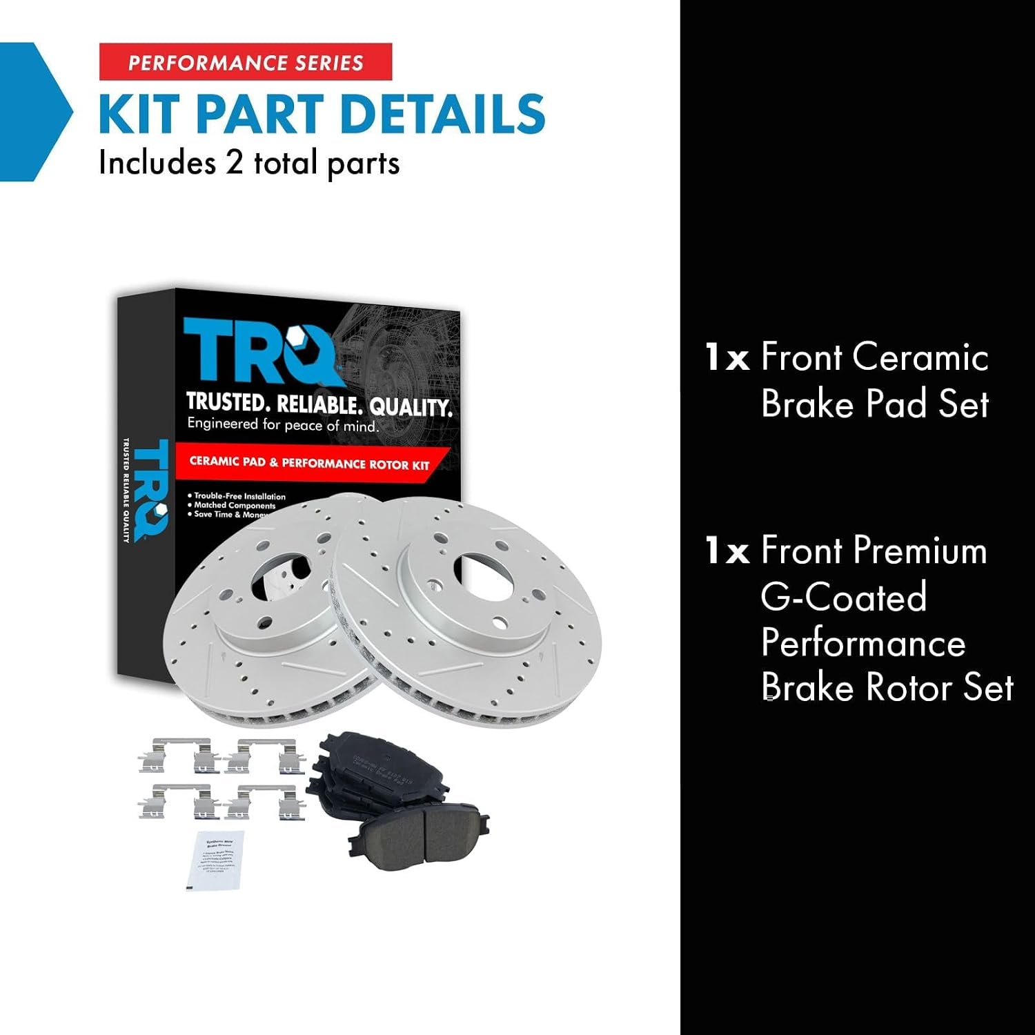 TRQ Performance Front Brake Pad and Rotor Set Ceramic Coated Drilled Slotted Vented Rotors Compatible with 2002-2006 Toyota Camry