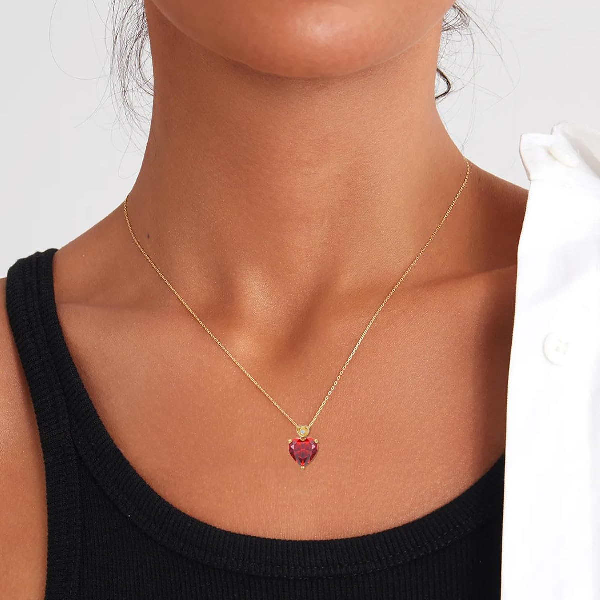 14k Gold Love Heart Gemstone Birthstone Necklaces for Women 3 Carat Heart-cut Created Birthstone Anniversary Birthday Mother's Day Pendant for Her 16+1+1 inch