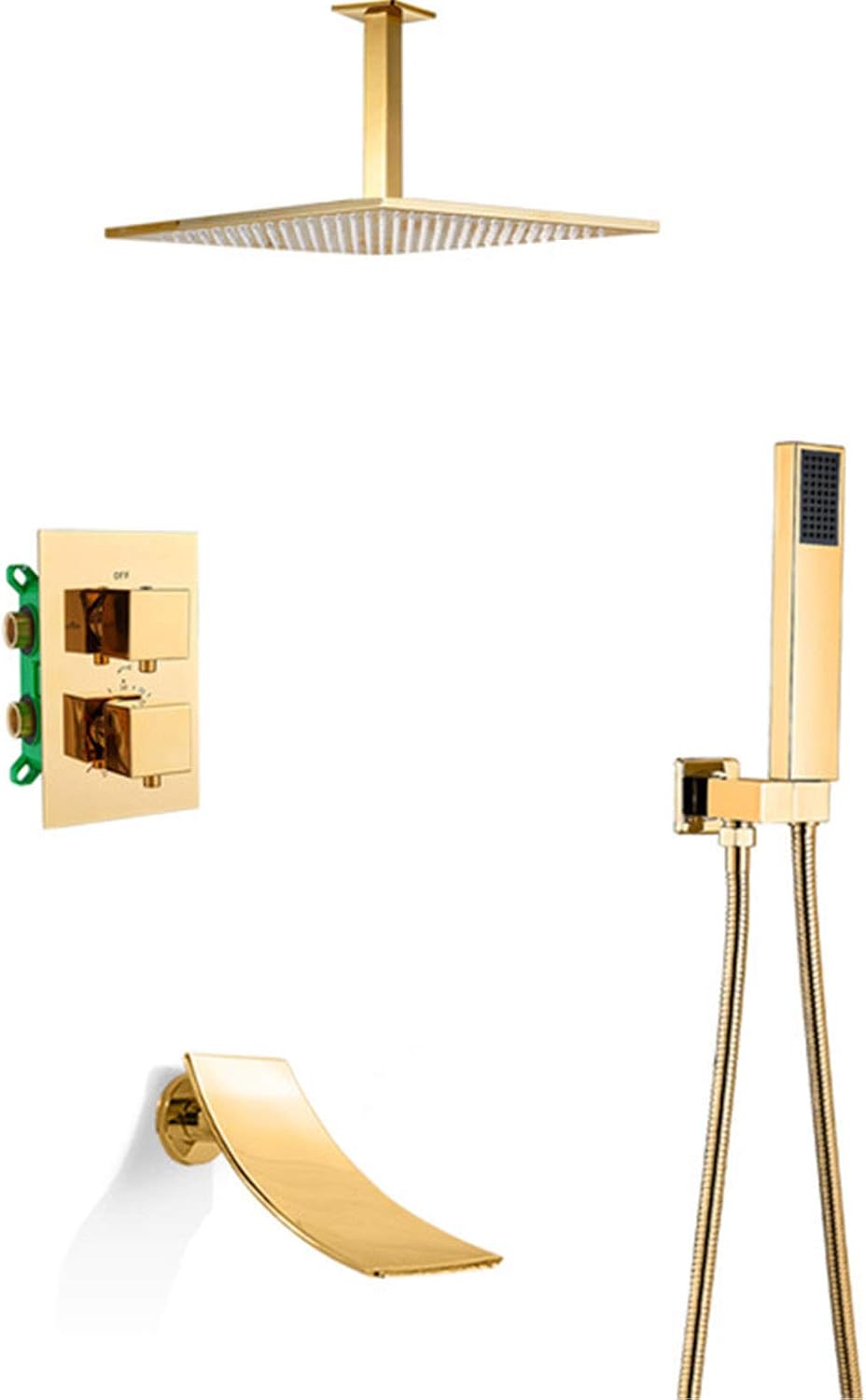 Golden Thermostatic Shower Set, Waterfall Rainfall Hot Cold Gold Faucet, Bathtub Mixers,12 Inch(12 Inch)