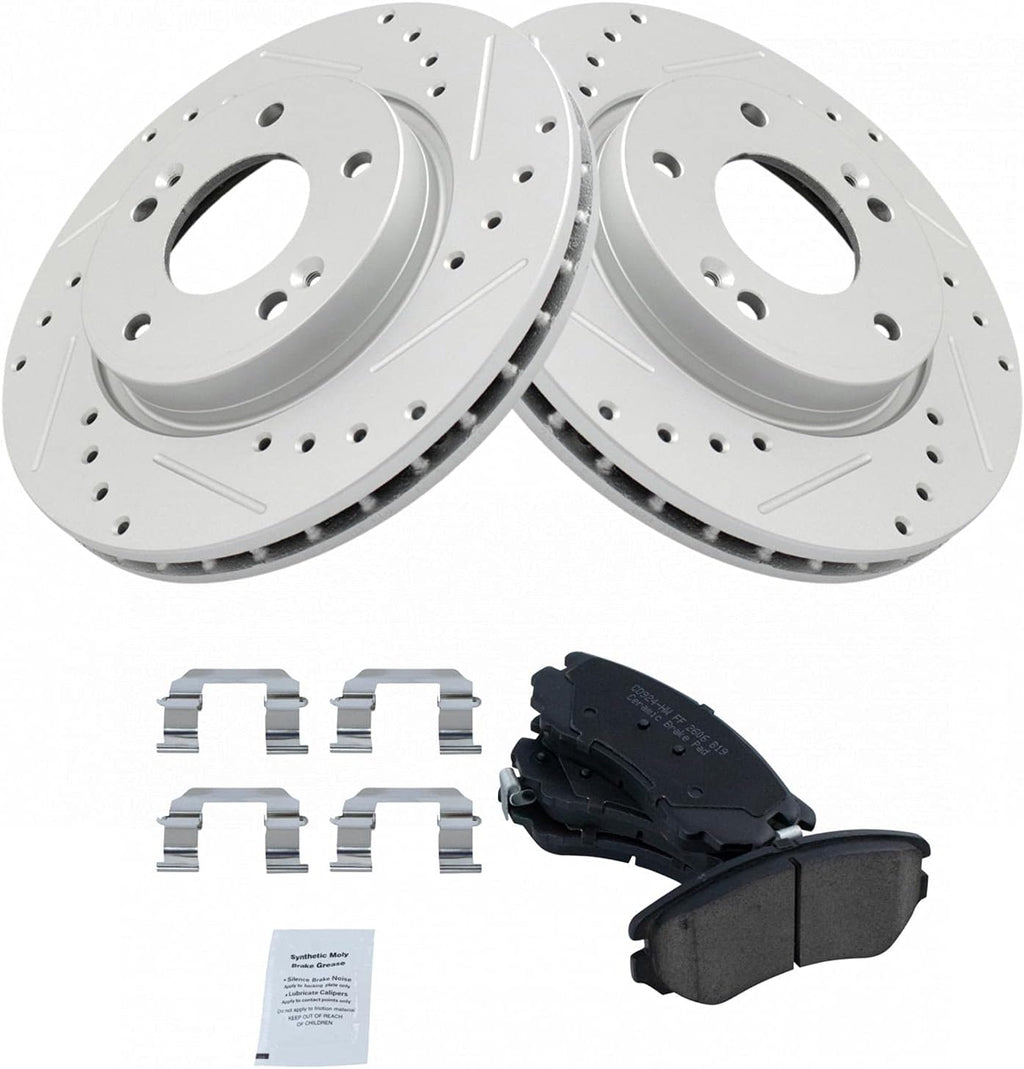 TRQ Performance Front Brake Pad and Rotor Set Ceramic Drilled Slotted G Coated Vented Rotors Compatible with 2007-2010 Hyundai Elantra