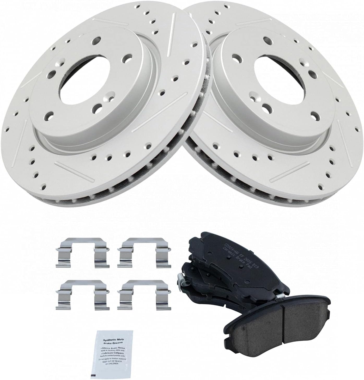 TRQ Performance Front Brake Pad and Rotor Set Ceramic Drilled Slotted G Coated Vented Rotors Compatible with 2007-2010 Hyundai Elantra