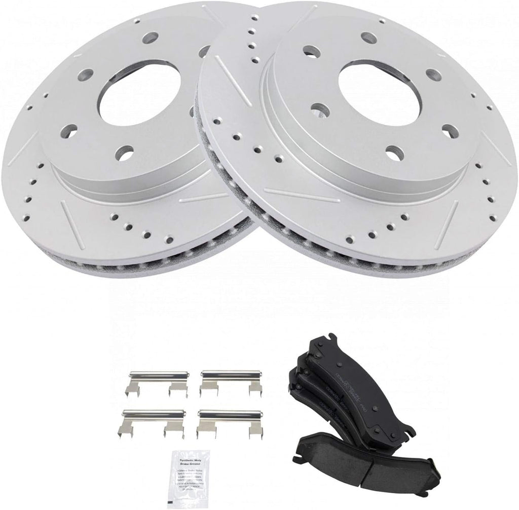 TRQ Performance Front Brake Pad and Rotor Set Ceramic Coated Drilled Slotted Vented Rotors Compatible with 2002-2006 Cadillac Escalade 1999-2008 Chevrolet Silverado 1500 1999-2006 GMC Sierra 1500