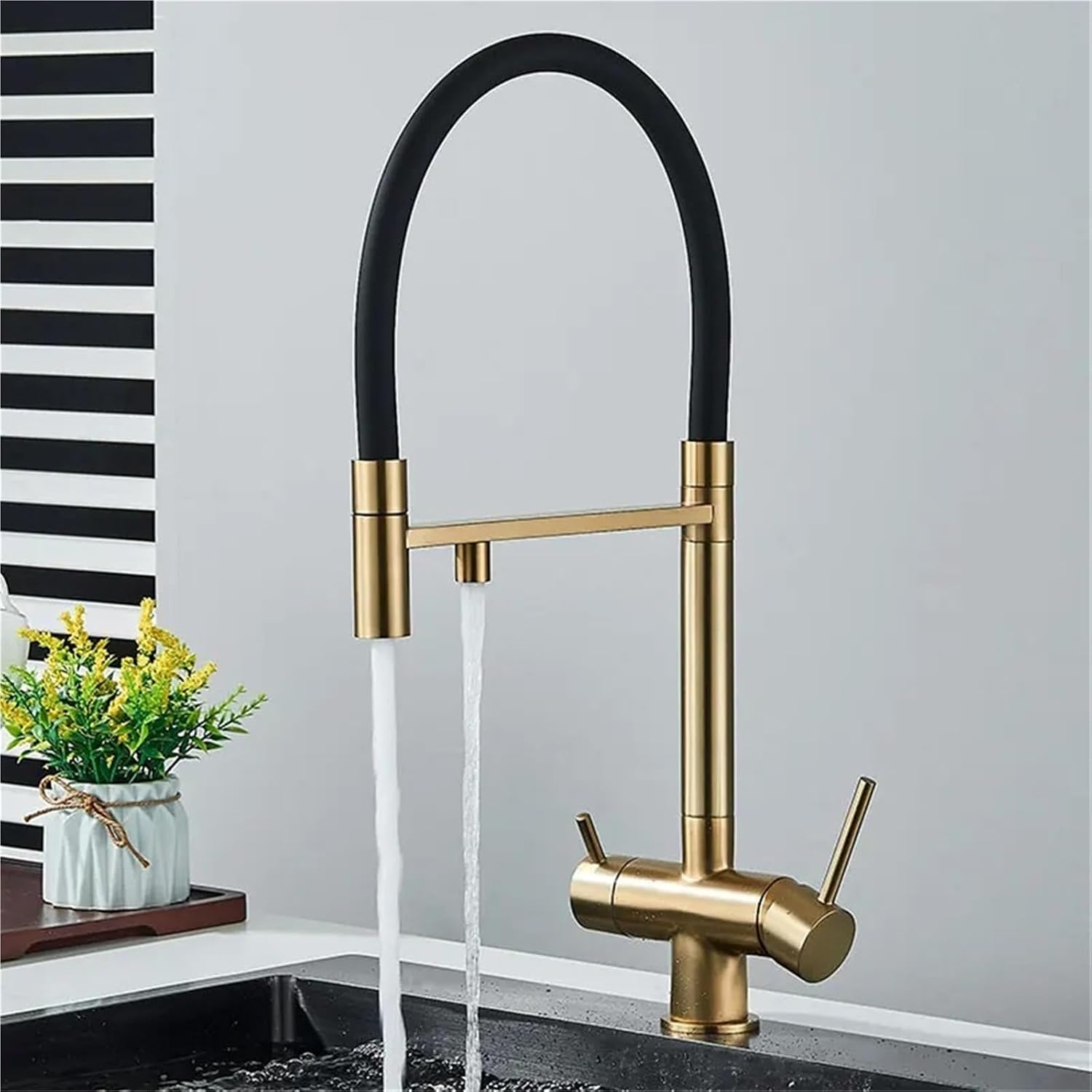 Filtered Kitchen Faucet Pull Out Spray Kitchen Purified 360 Rotation 3 Ways Sink Drink Water Faucet(Brushed Gold)