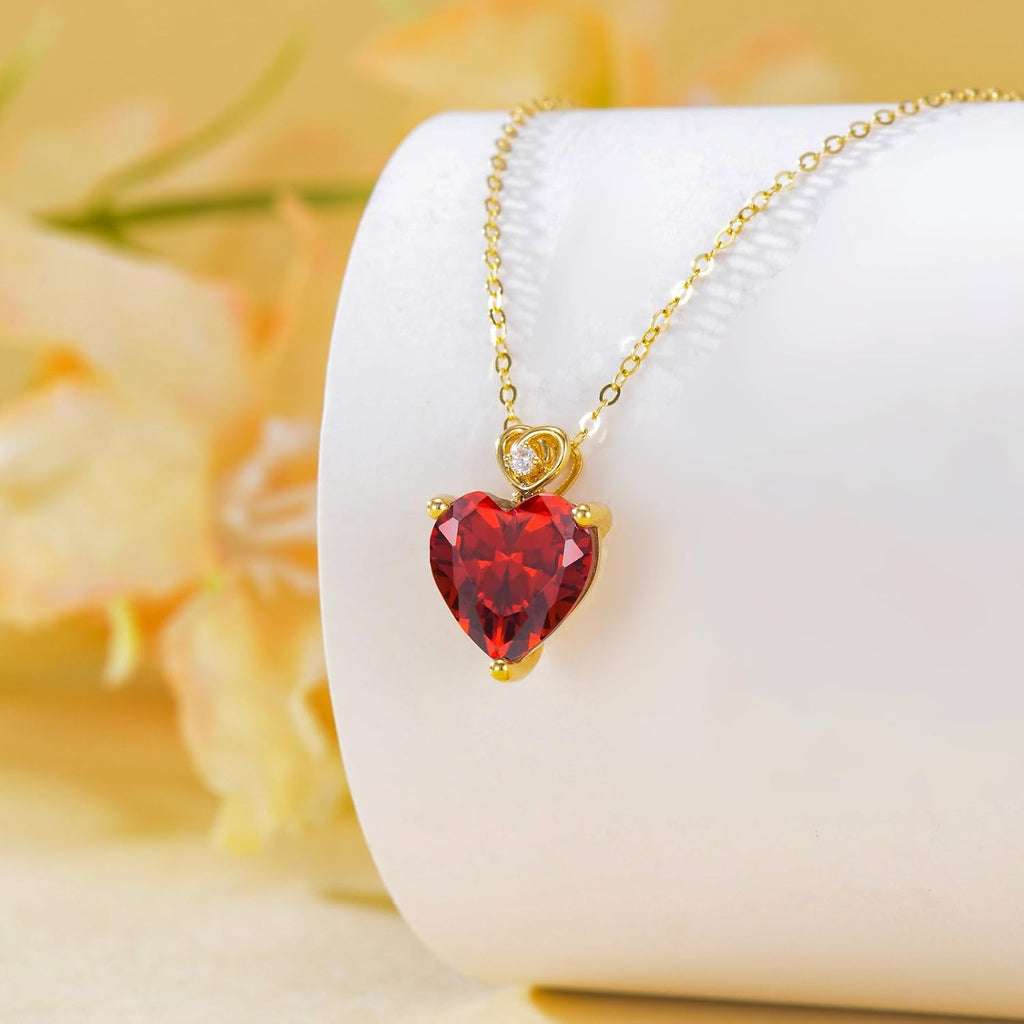 14k Gold Love Heart Gemstone Birthstone Necklaces for Women 3 Carat Heart-cut Created Birthstone Anniversary Birthday Mother's Day Pendant for Her 16+1+1 inch