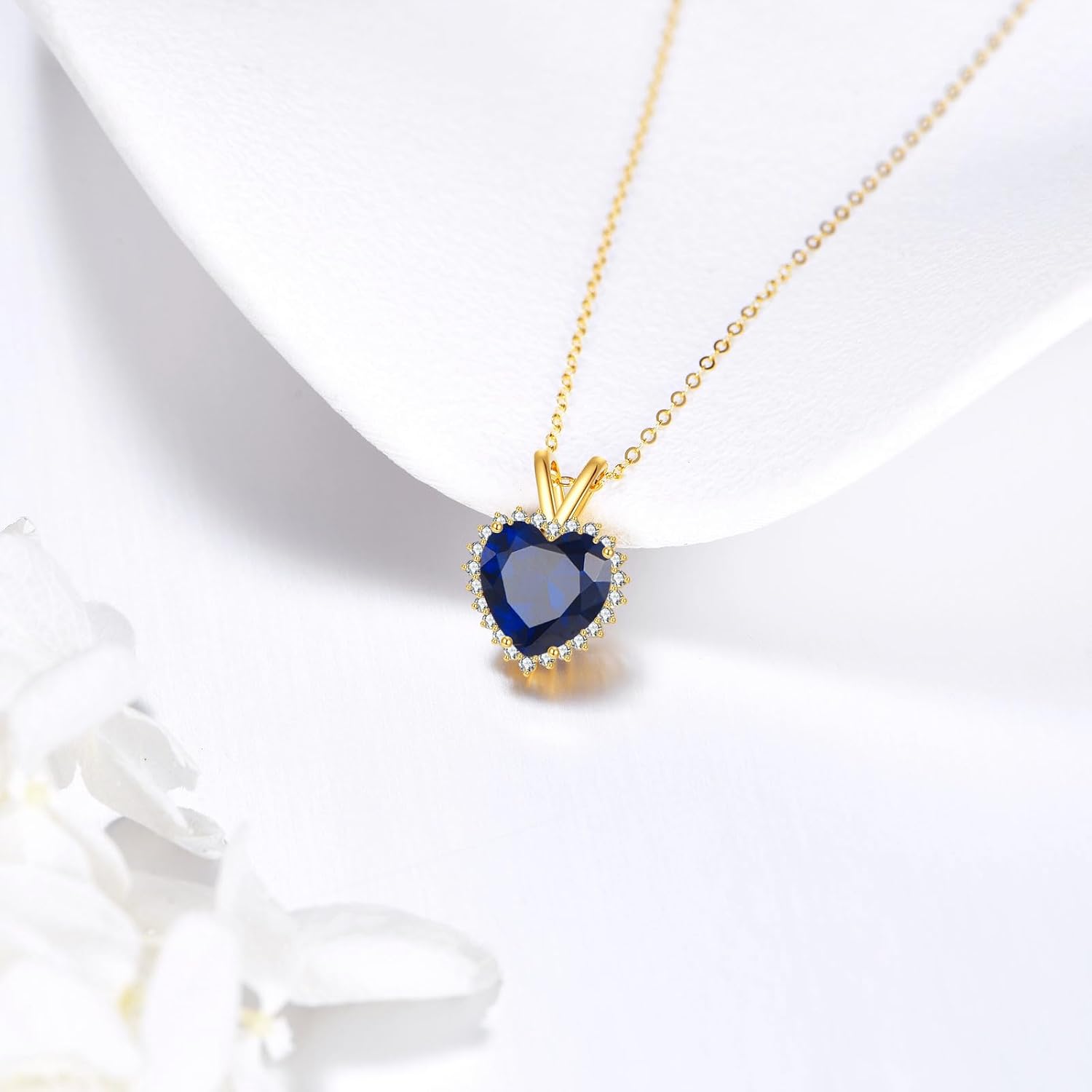 ELFRONT 14k Real Gold Heart Sapphire/Ruby Necklace Heart Stone Pendant Solid Gold Jewelry For Women Female Lover Mother Gifts