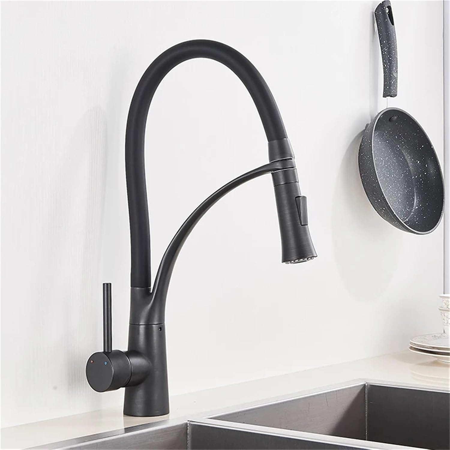 Pull Down Kitchen Faucet with Black Hose Deck Mounted Hot and Cold Water Mixer Sink Tap Swivel Kitchen Tap(Matte Black)