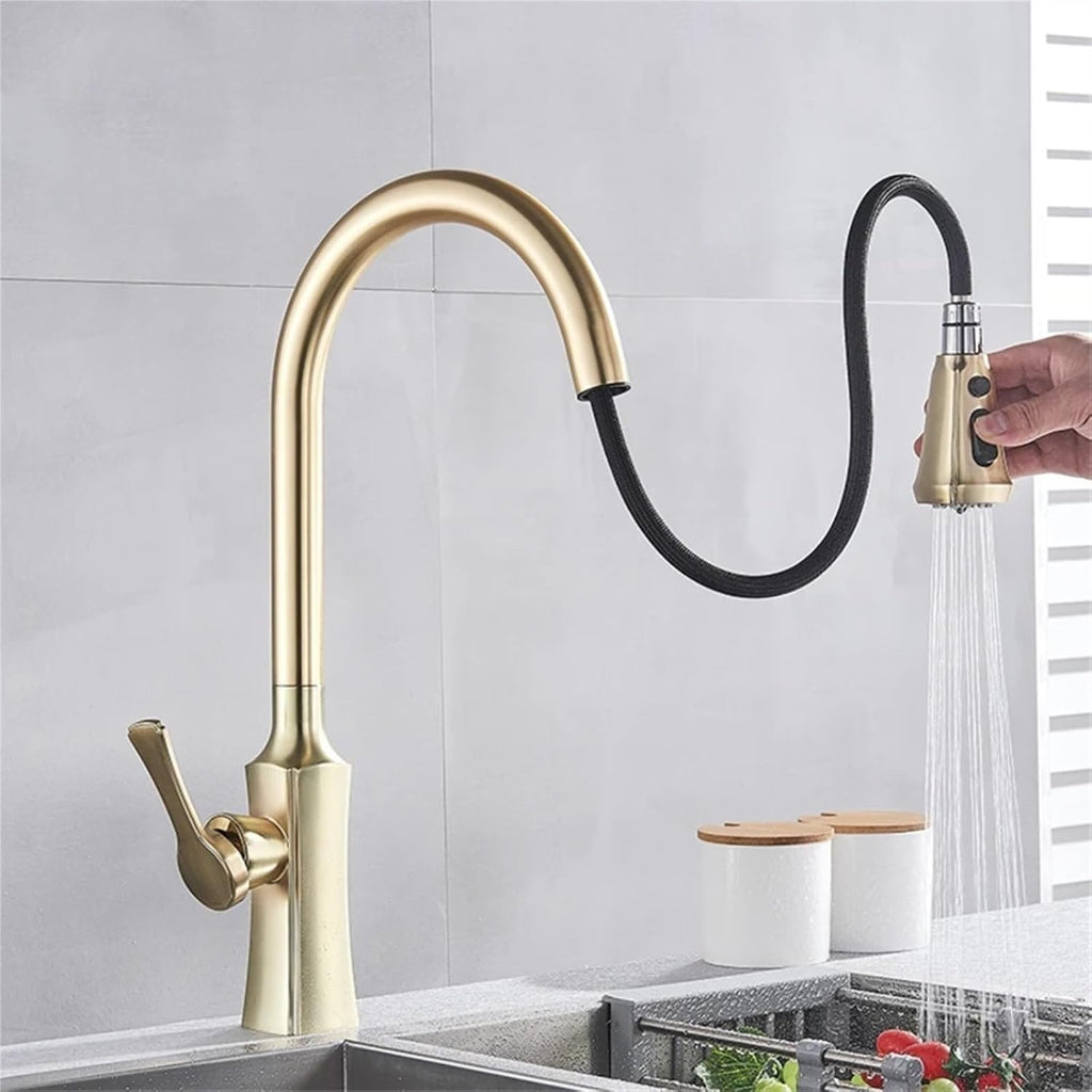 Kitchen Faucet Pull Out 2 Function Head Kitchen Sink Mixers Deck Mounted Spring Mixer Faucet(Brushed Gold)