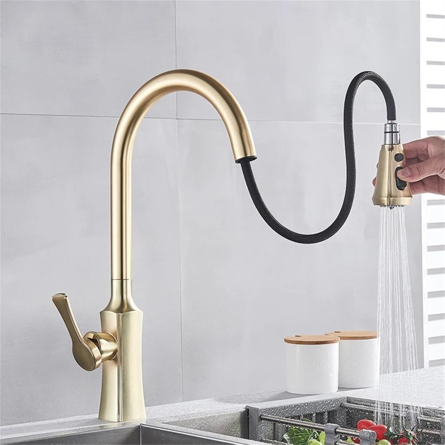 Kitchen Faucet Pull Out 2 Function Head Kitchen Sink Mixers Deck Mounted Spring Mixer Faucet(Brushed Gold)