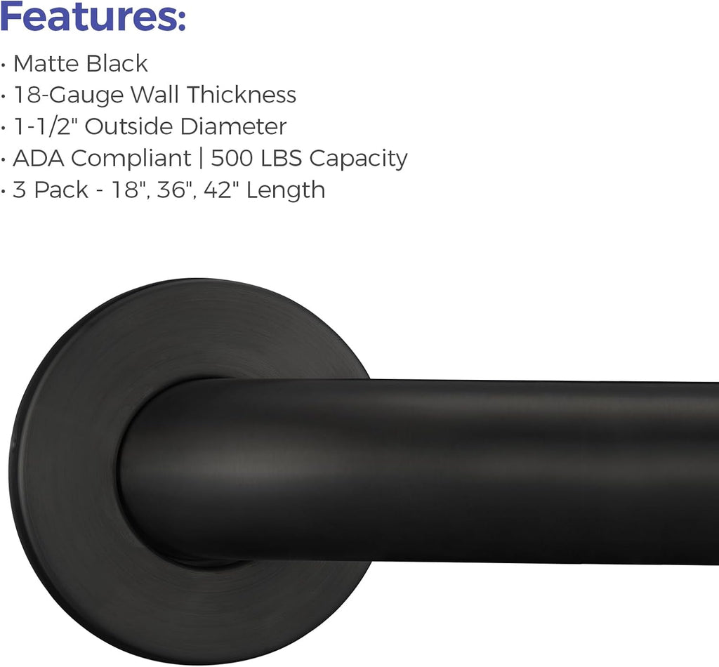 Stardrix Grab Bar Bundle for ADA Compliance, Matte Black Stainless Steel Grab Bar Set for Commercial and Residential Restrooms, 1.5' Diameter - 18', 36', 42' - Pack of 3