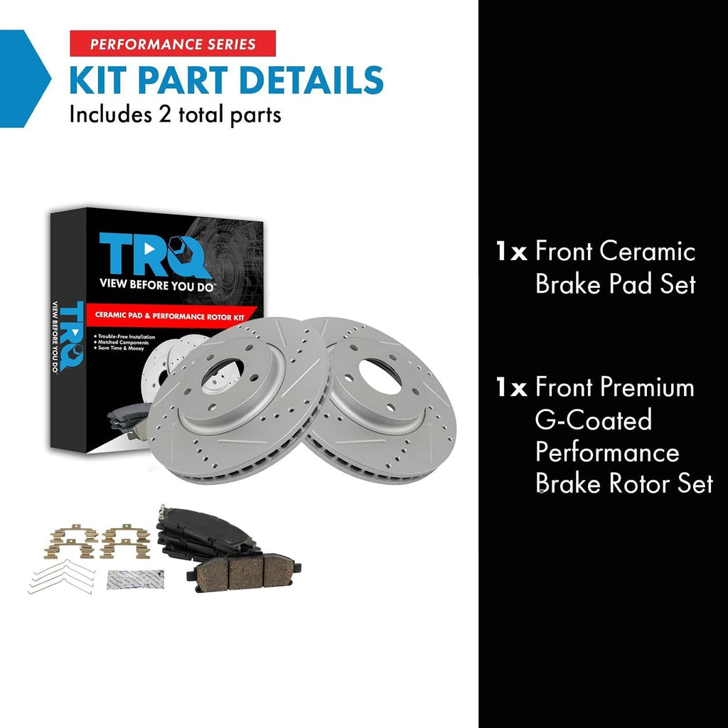 TRQ Performance Front Brake Pad and Rotor Set Ceramic Coated Drilled Slotted Vented Rotors Compatible with 2011-2017 Nissan Quest