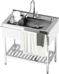 Stainless Steel Utility Sink, 30.8'' Free Standing Single Bowl Sink with Cold and Hot Water Pipe & Pull-Out Faucet & basket, Indoor and Outdoor Sink for Laundry Room, Garage, Kitchen, Silver