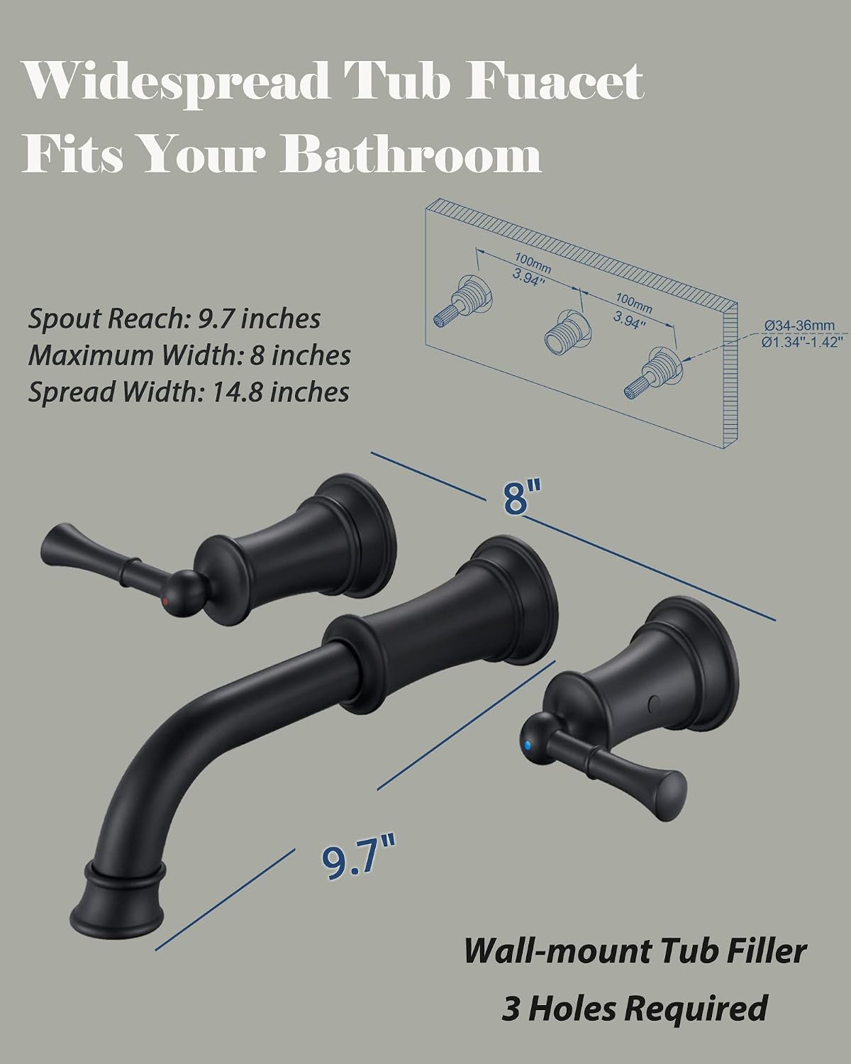 High Flow Wall Mount Tub Filler with Rough-in Valve, Wall Mount Tub Faucet, Brass Roman Bathtub Faucet 2 Handle with 360° Swivel Spout, Matte Black(B2306-BK)
