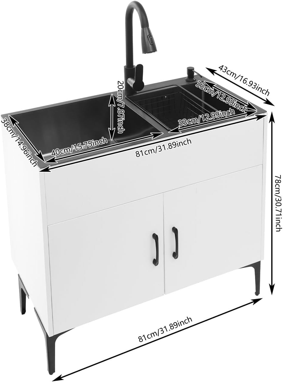 32-Inch Utility Sink Cabinet with Pull-Out Sprayer Fauce, Laundry Sink with Cabinets and Stainless Steel Double Sinks, Freestanding Cabinet with Sink for Laundry&Utility Room, Kitchen, Bathroom