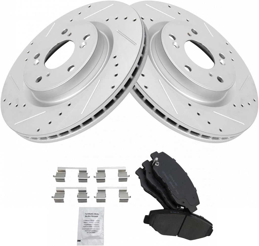 TRQ Performance Front Brake Pad and Rotor Set Ceramic Drilled Slotted G Coated Rotors Compatible with 2012-2015 Honda CR-V