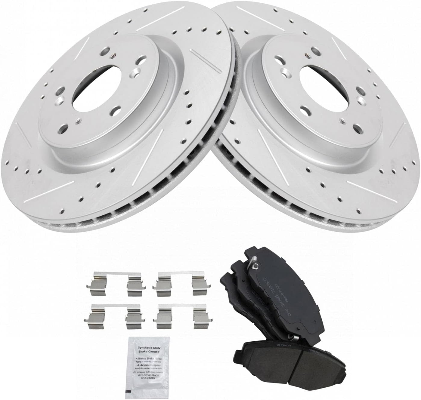 TRQ Performance Front Brake Pad and Rotor Set Ceramic Drilled Slotted G Coated Rotors Compatible with 2012-2015 Honda CR-V