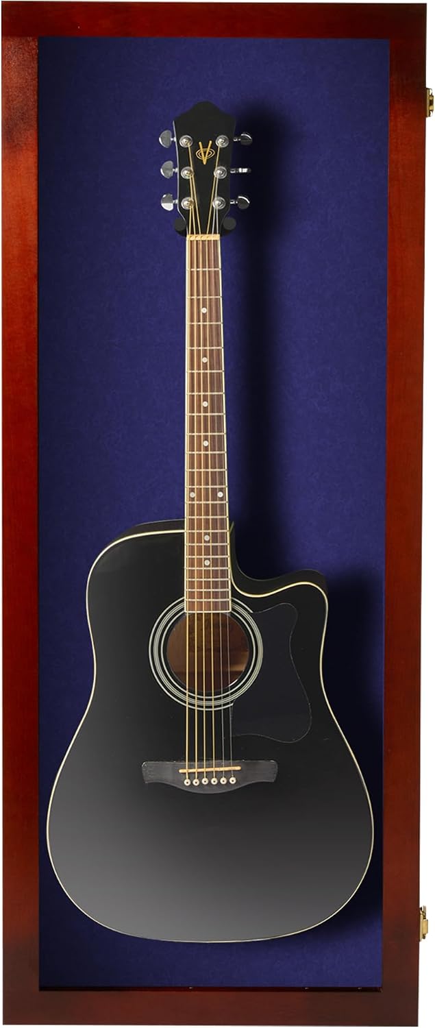 PENNZONI Acoustic Guitar Display Case - Acrylic Acoustic Guitar Case - Guitar Display Case Wall Mount Made from Hardwood Frame & Clear Acrylic - Cherry w/Felt Blue
