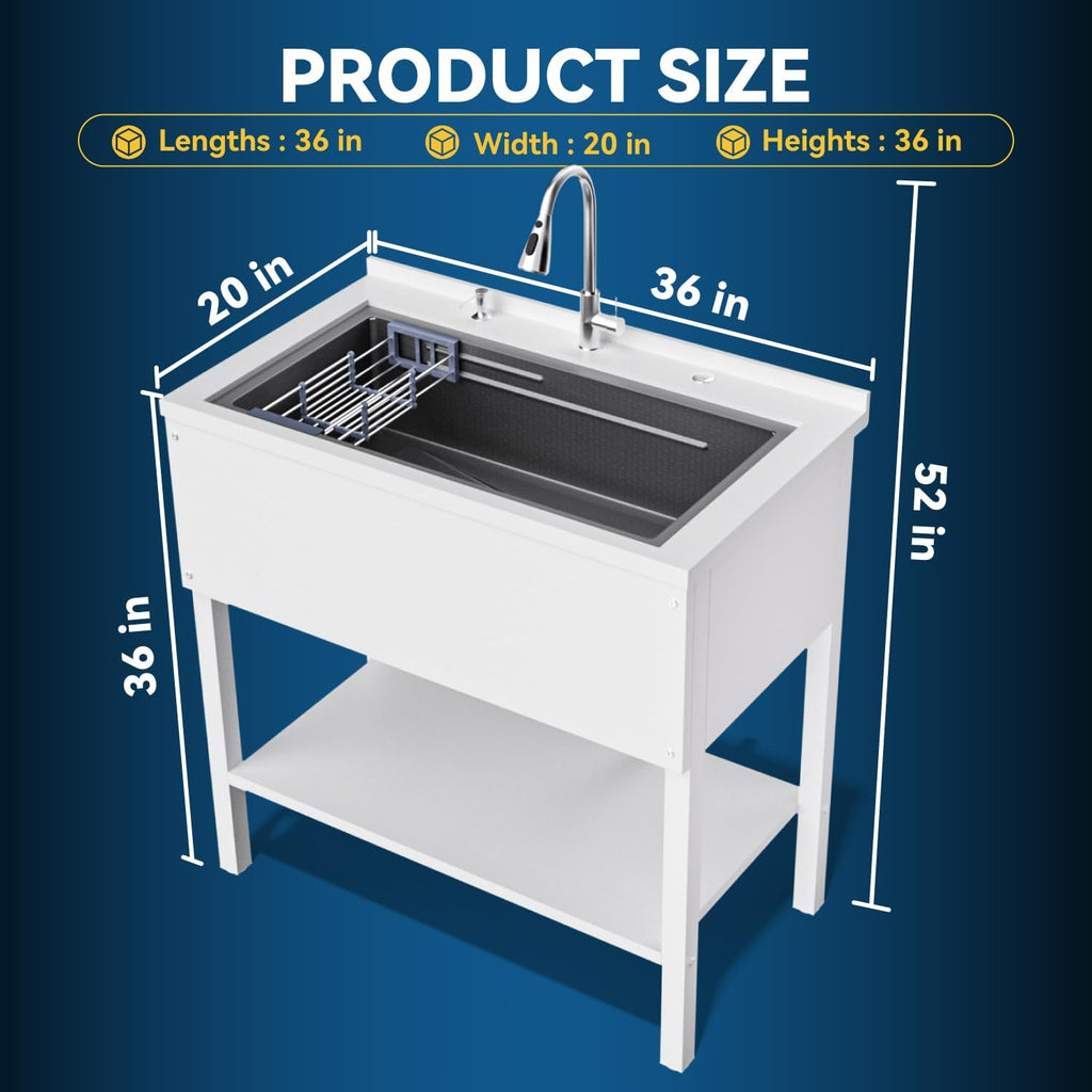 36' Freestanding Utility Sink, Heavy Duty Stainless Steel Laundry Room Sink for Garage, Outdoor Kitchen or Workshop, Modern Black Basin with Hot & Cold Water, Indoor/Outdoor Use (White)