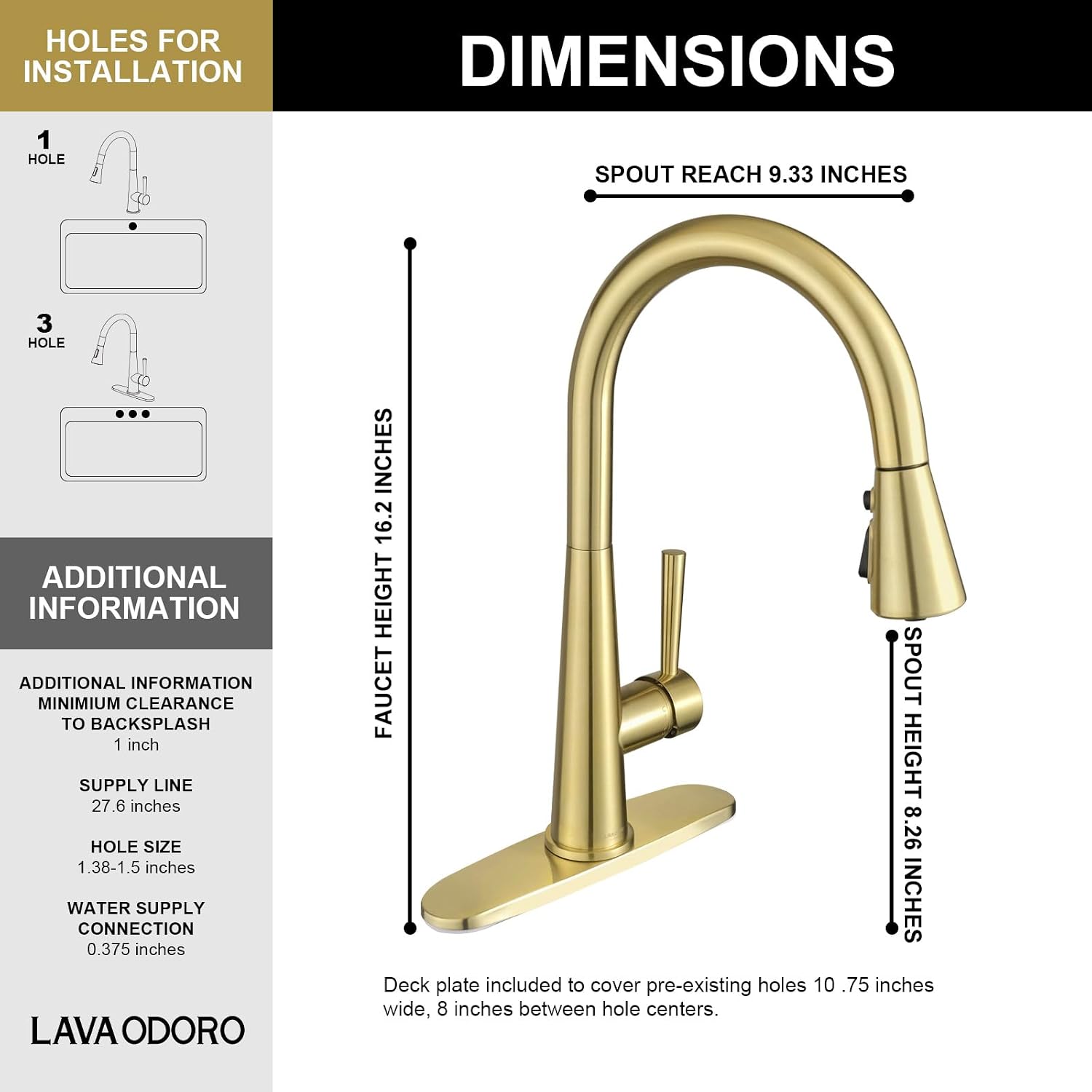 Lava Odoro Brushed Gold Kitchen Faucet with Pull Down Sprayer, Modern Single Handle Kitchen Sink Faucet, Gold Faucet for Kitchen Sink with Magnetic Docking Sprayer and Deck Plate, KF321-SG