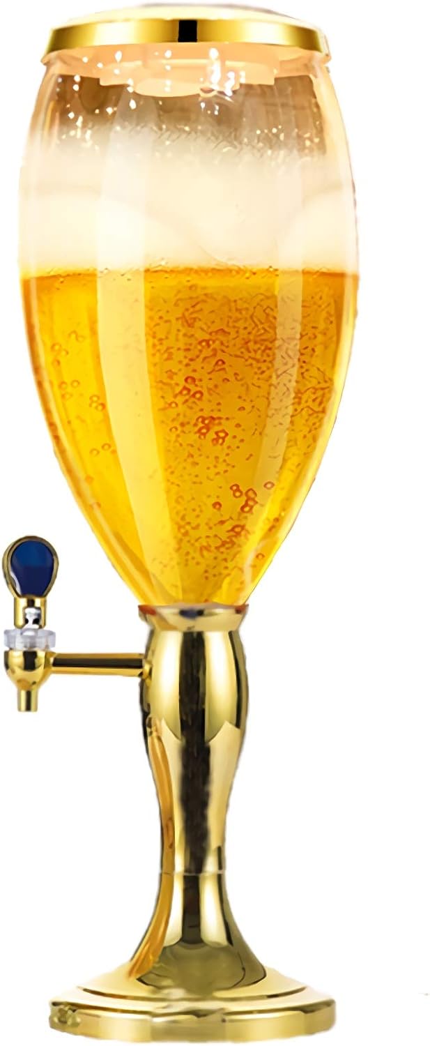 Beer Tower Dispenser 100 Oz Beer Dispenser, Beer Kegerator Mini with Ice Tube Faucet and Lights for Home Bar Pub Party Restaurant, 3L Beverage Tower Dispenser (Gold)