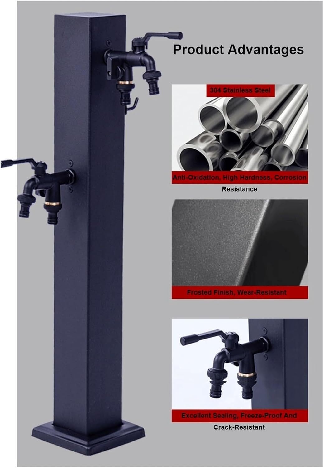 Outdoor Water Column Square Hose Stand with Faucet Antifreeze Water Tap with 2 Gold Faucets Vertical Decorative Fountain Garden(Negro,65x8cm)