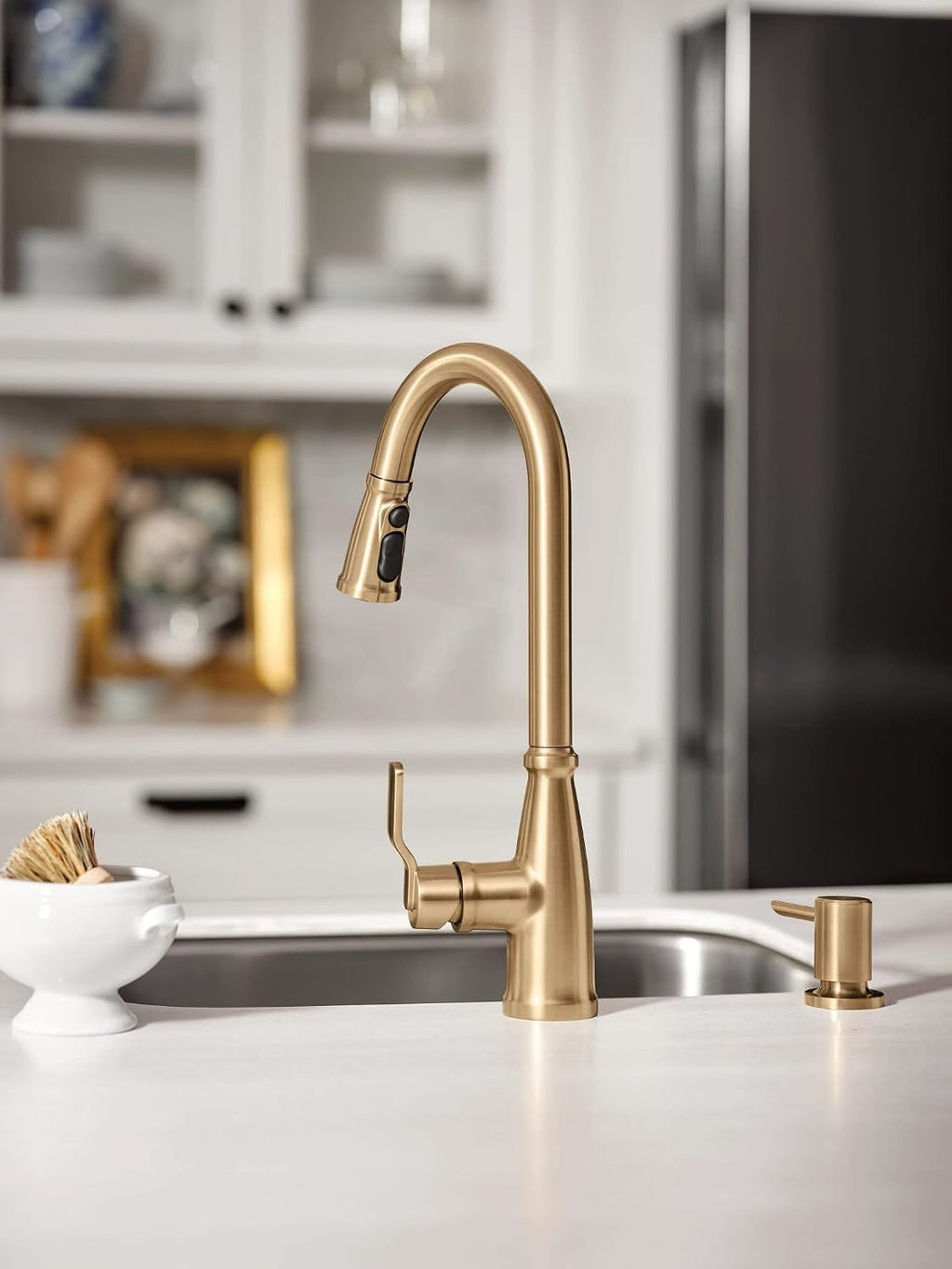 Moen 87071BZG Nolia One-Handle Pull-Down Kitchen Faucet with Power Boost, Soap Dispenser Included, High Arc, 1 or 3 Hole Installation, Brushed Gold