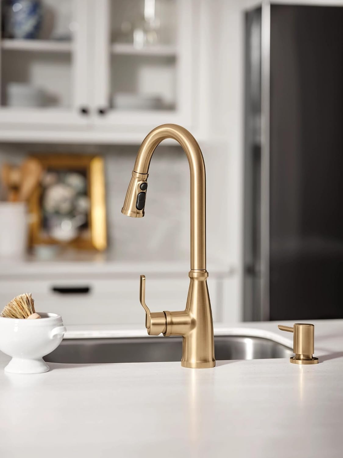 Moen 87071BZG Nolia One-Handle Pull-Down Kitchen Faucet with Power Boost, Soap Dispenser Included, High Arc, 1 or 3 Hole Installation, Brushed Gold