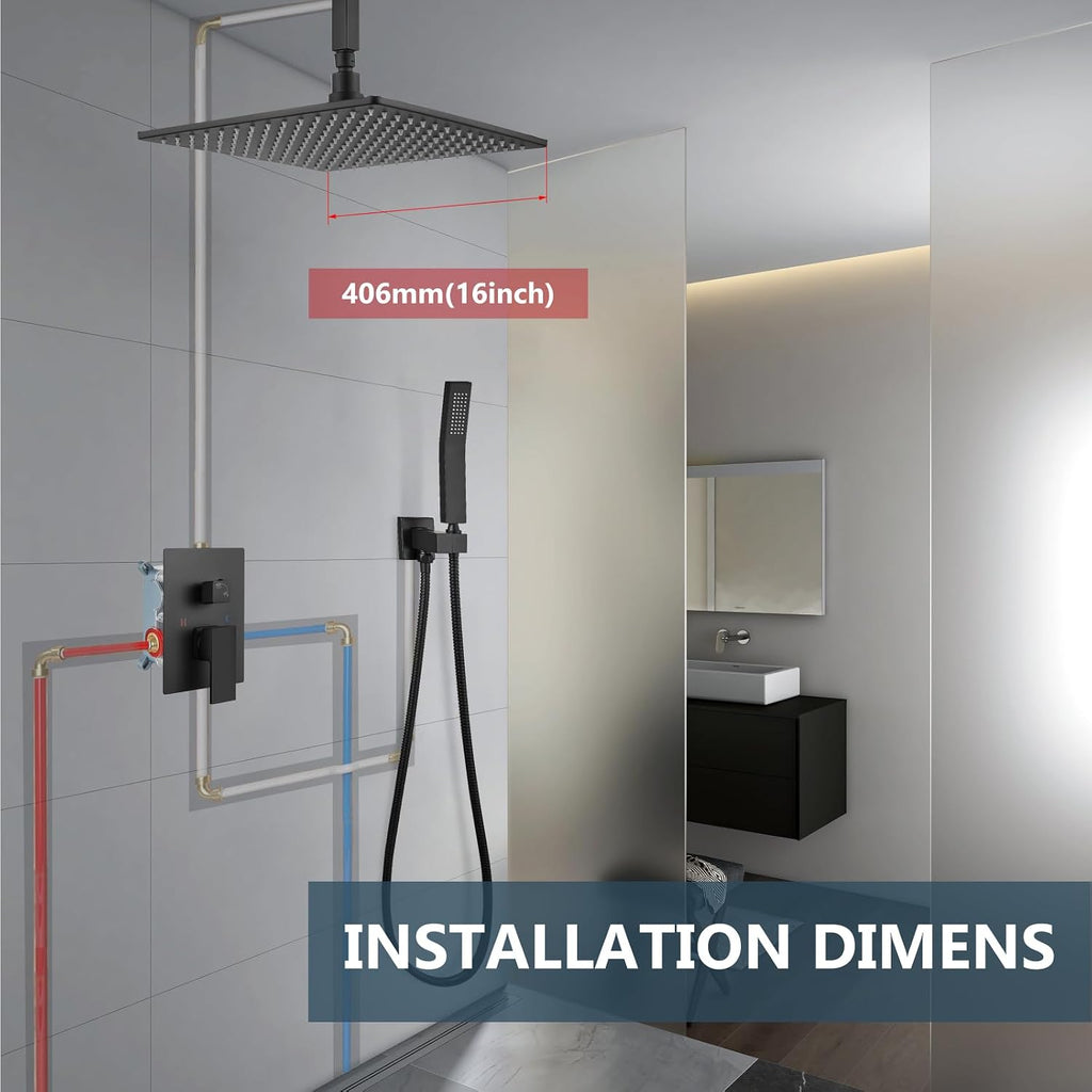 Aolemi Ceiling Mount Shower Faucet Set with Handheld Spray High Pressure Shower Faucets Sets Complete Rough-in Valve and Shower Trim Kit System Included Rainfall Matte Black 16 Inch LED Shower Head