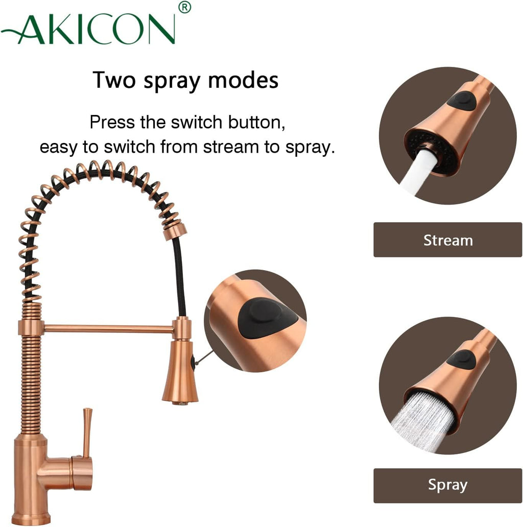 Akicon Copper Kitchen Faucet with Soap Dispenser, Single Handle Solid Brass High Arc Pull Down Sprayer Head Kitchen Sink Faucets with Deck Plate