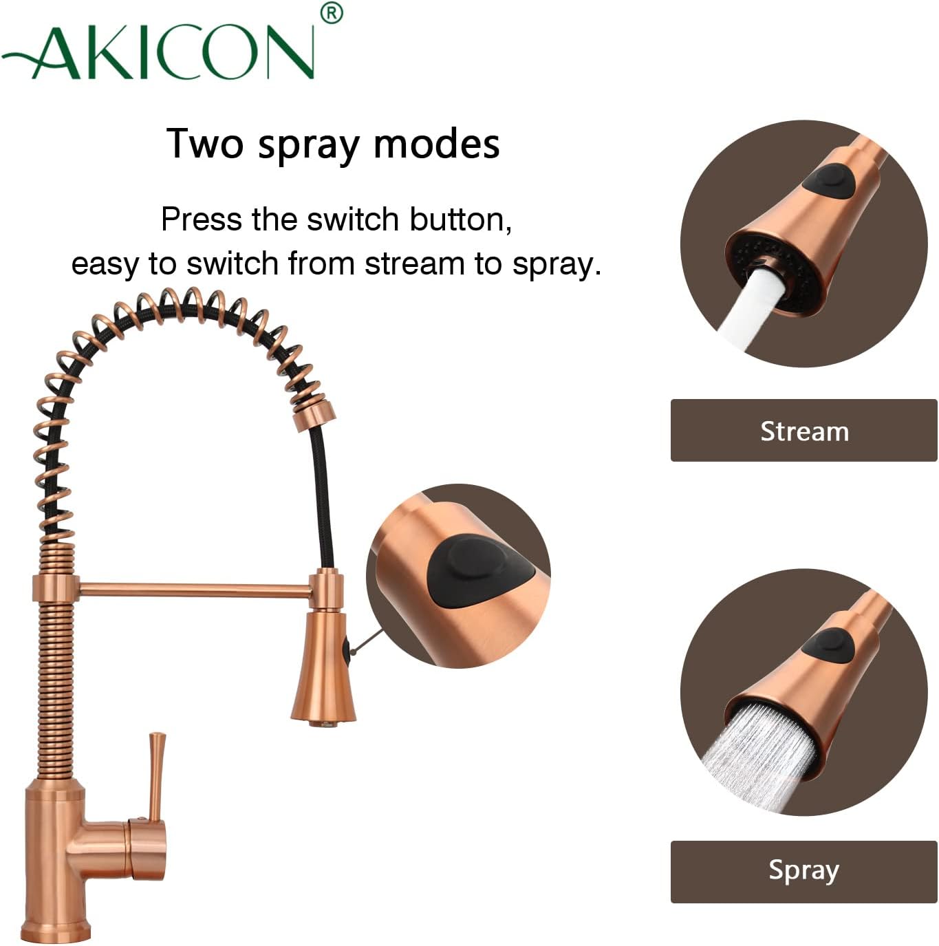 Akicon Copper Kitchen Faucet with Soap Dispenser, Single Handle Solid Brass High Arc Pull Down Sprayer Head Kitchen Sink Faucets with Deck Plate