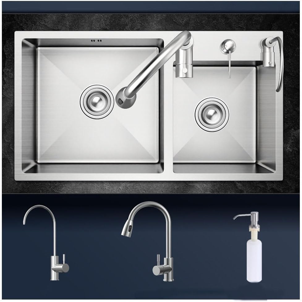 Double Bowl Kitchen Bar Sink, Workstation Sink with Accessories, 304 Stainless Steel Soap Dispenser Cold and Hot Water Faucet (Silver 72x40x22cm)