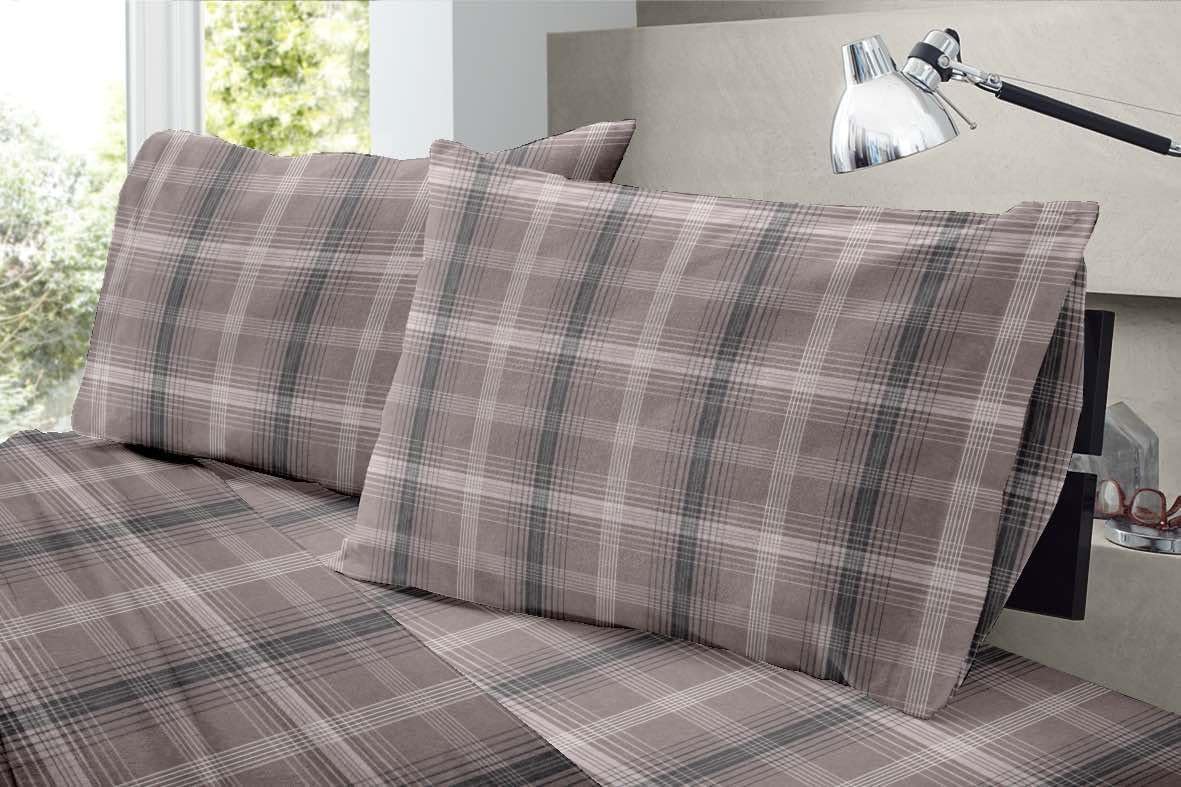 Dormisette Luxury German Flannel Sheets & Pillowcases Set, Warm Breathable Cotton Flannel Bedding with Deep Pockets, Brushed for Extra Softness, Oeko-Tex (Brown Plaid, King)