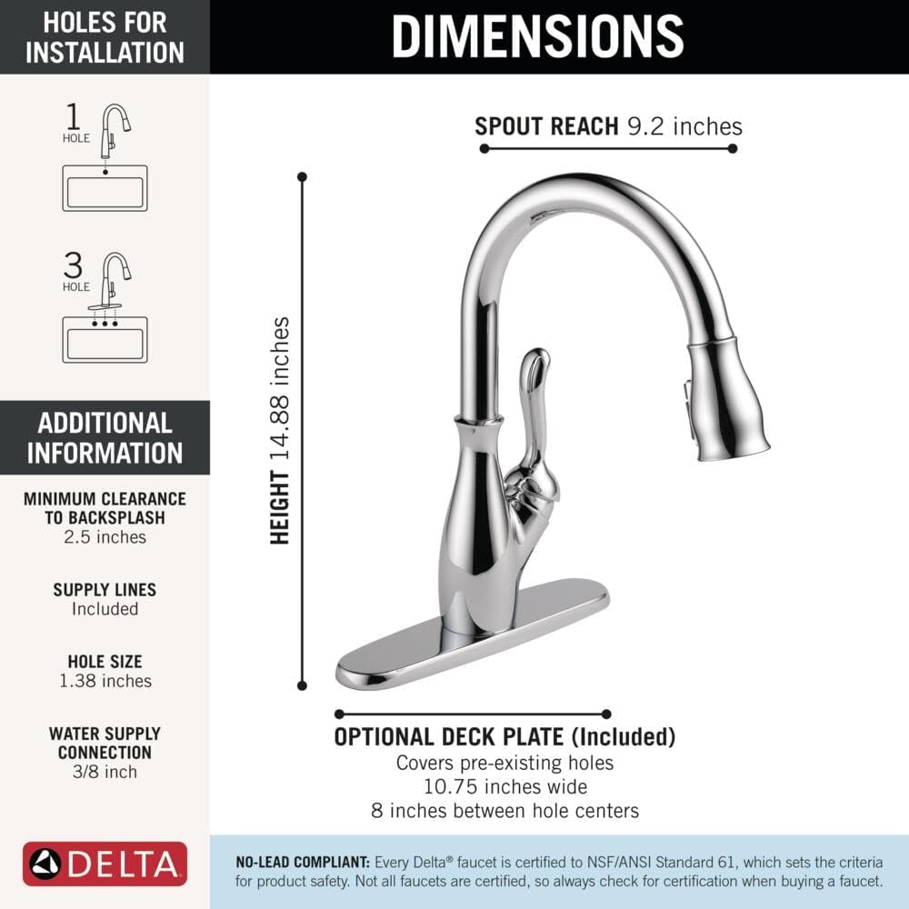 Delta Leland Chrome Kitchen Faucet with Pull Down Sprayer, Traditional Single Hole Kitchen Sink Faucet, Single Handle, Chrome 9178-DST