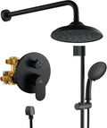 MONDAWE 8 Inch Wall Mounted Shower Faucet Set in Matte Black, Rainfall Shower Head with 3-Setting Handheld Spray Shower Set Combo, High Pressure Shower System with Solid Brass Valve