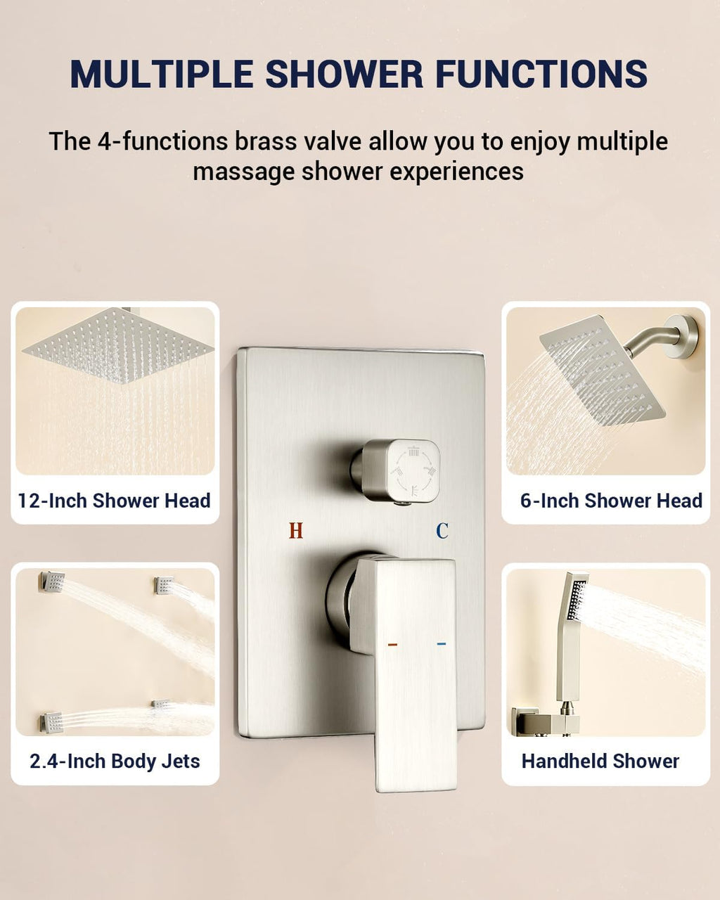 Dual Rainfall Shower Head System with 4 Body Jets, JetsBath Shower Faucet Set Double Shower Head 6-Inch Shower Head & 12' Rain Shower,Luxury Brushed Nickel Shower Faucet Set,Wall-Mounted Shower System