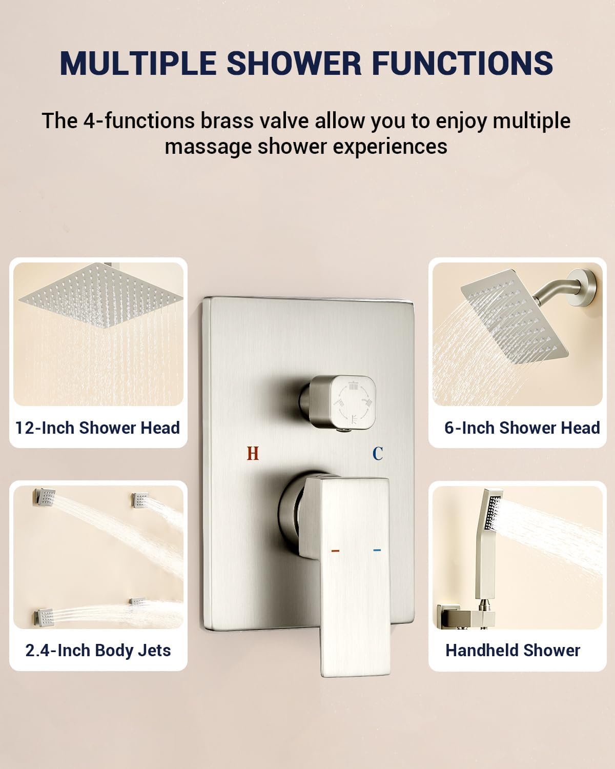 Dual Rainfall Shower Head System with 4 Body Jets, JetsBath Shower Faucet Set Double Shower Head 6-Inch Shower Head & 12' Rain Shower,Luxury Brushed Nickel Shower Faucet Set,Wall-Mounted Shower System