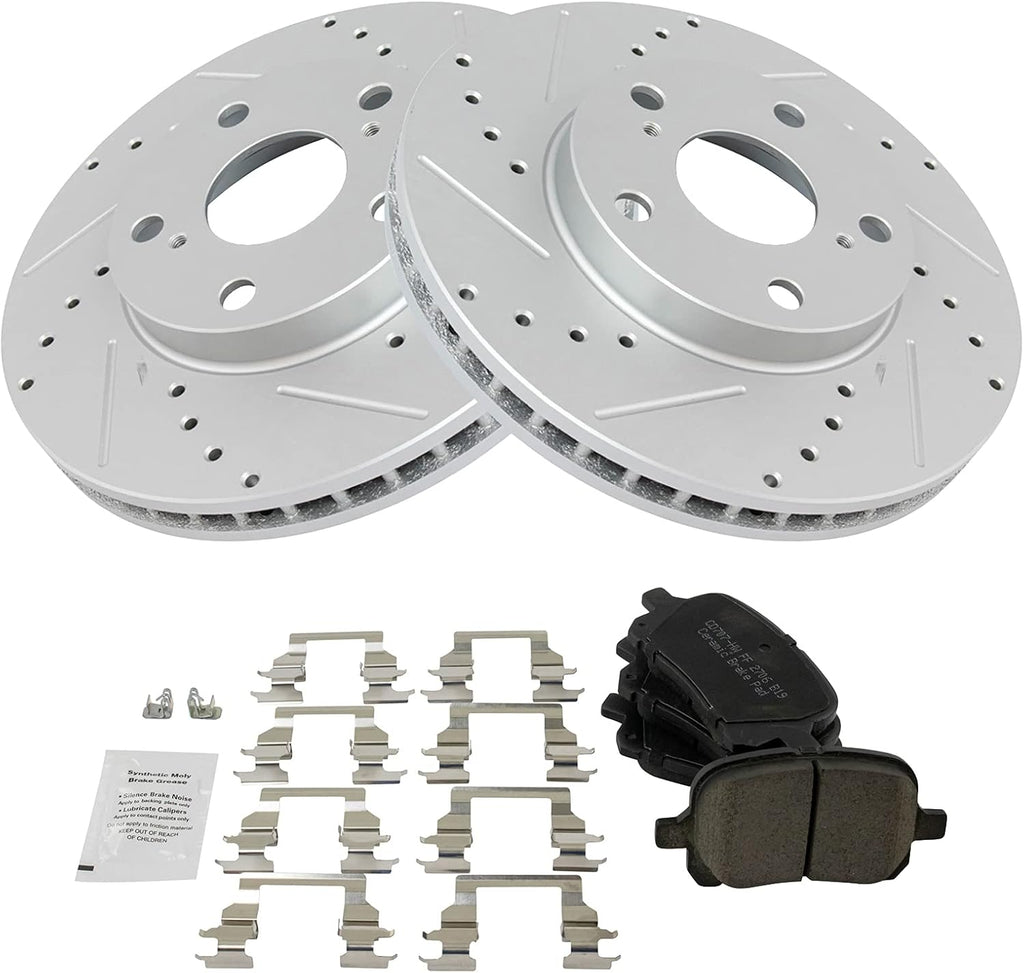 TRQ Performance Front Brake Pad and Rotor Set Ceramic G Coated Drilled Slotted Vented Rotors Compatible with 1997-2001 Lexus ES300 Toyota Camry 1998-2004 Avalon 1999-2003 Solara