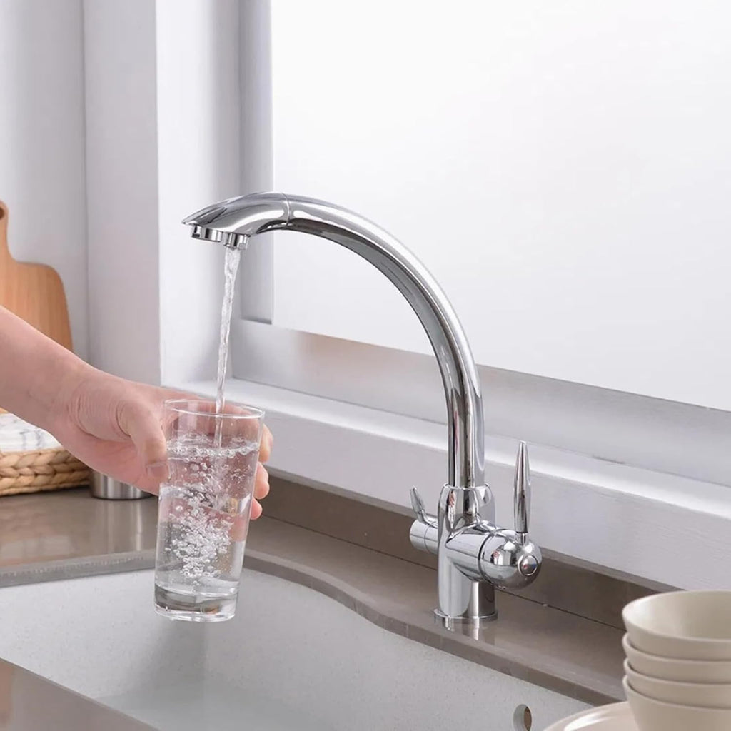 Kitchen 3 Way Faucets Mixer Brass 3 Way Faucets for Kitchen Sink Double Outlet Hot and Cold Water-Chrome Plated