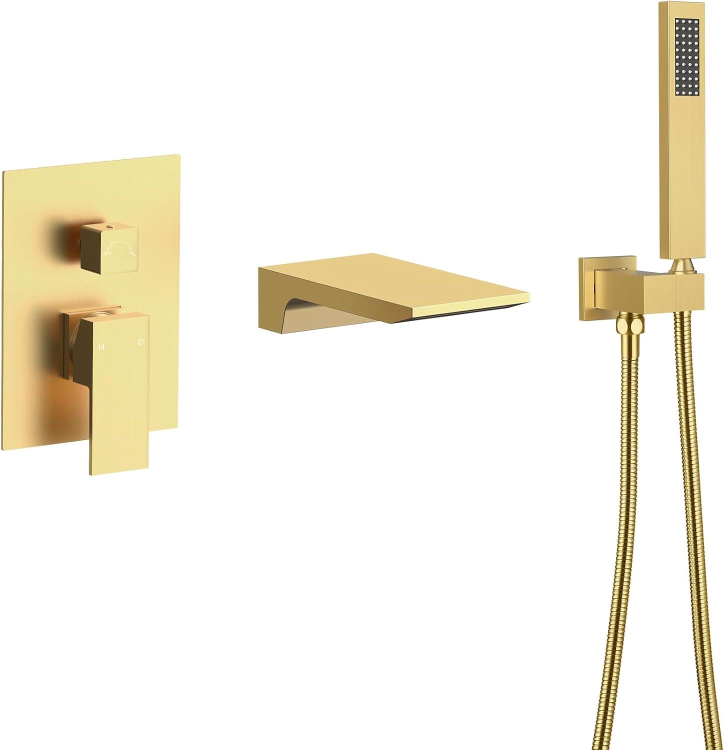 Wall Mounted Bathtub Shower Faucet Set, Bathroom Shower Fixtures Set Combo with Tub Spout and Handheld Shower Head Spray, Brushed Gold