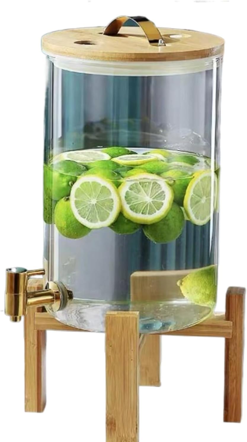 Glass Drink Dispenser,Drinkware with Stand and Lid,Cold Water Pitcher,Juice Pitcher for Parties,Bars,Weddings,Homemade Juices,Picnics,Barbecues and Daily,Silver(Gold Faucet + Bracket 7.5L)