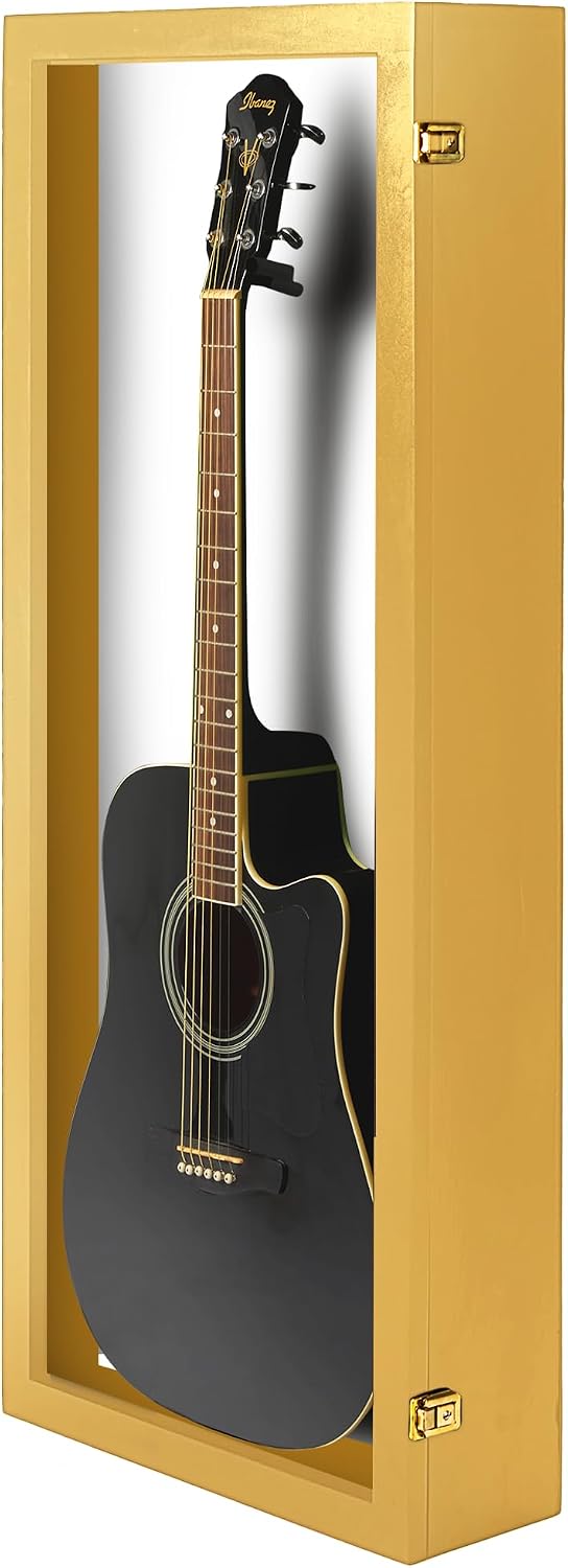 PENNZONI Acoustic Guitar Display Case - Acrylic Acoustic Guitar Case - Guitar Display Case Wall Mount Made from Hardwood Frame & Clear Acrylic - Golden Oak w/Felt White