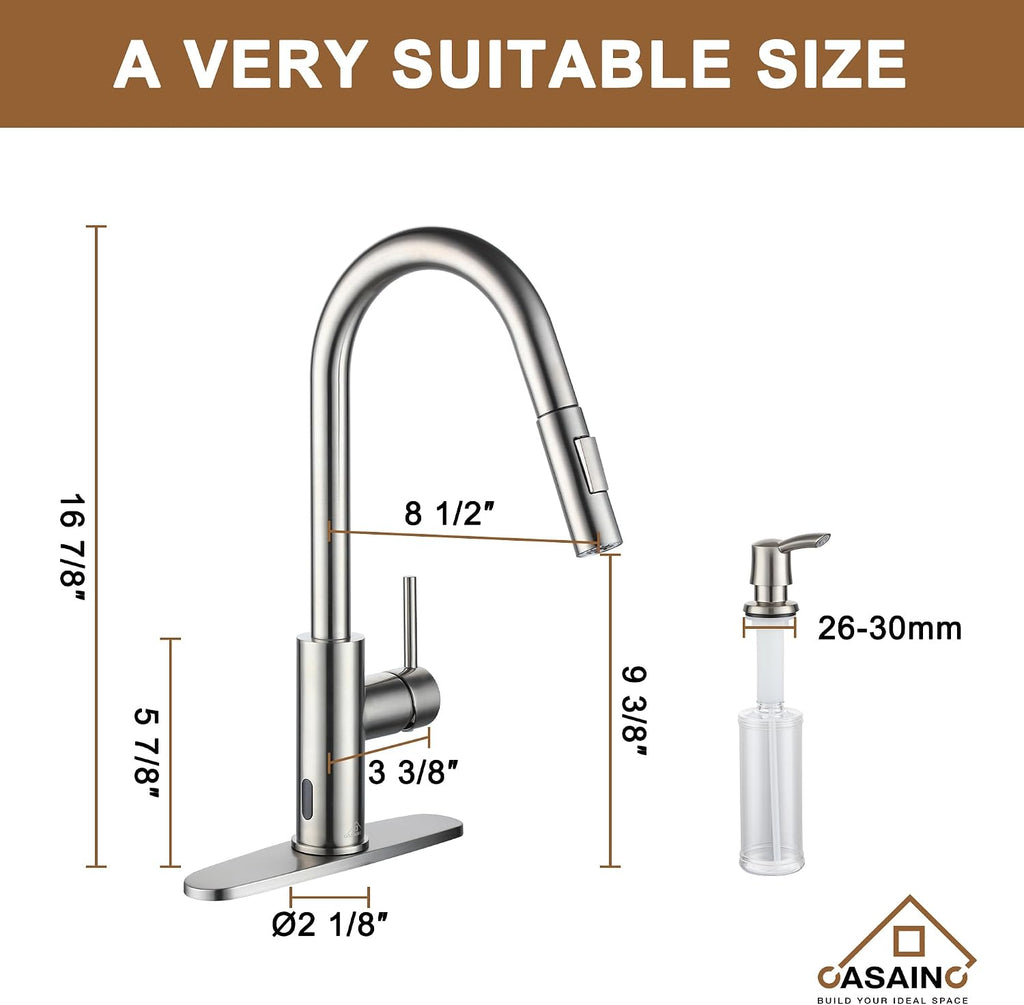 CASAINC Kitchen Faucet with Pull Down Sprayer Brushed Nickel, 1.8 gpm 16.89in H Touchless Motion Sensor Single Handle Kitchen Sink Faucet, Lead-Free Copper for Bar/Laundry/Kitchen Sink