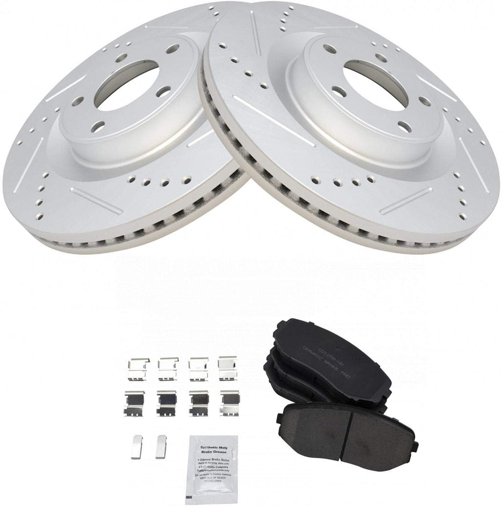 TRQ Performance Front Brake Pad and Rotor Set Ceramic G Coated Drilled Slotted Vented Rotors Compatible with 2007-2014 Ford Edge 2007-2015 Lincoln MKX