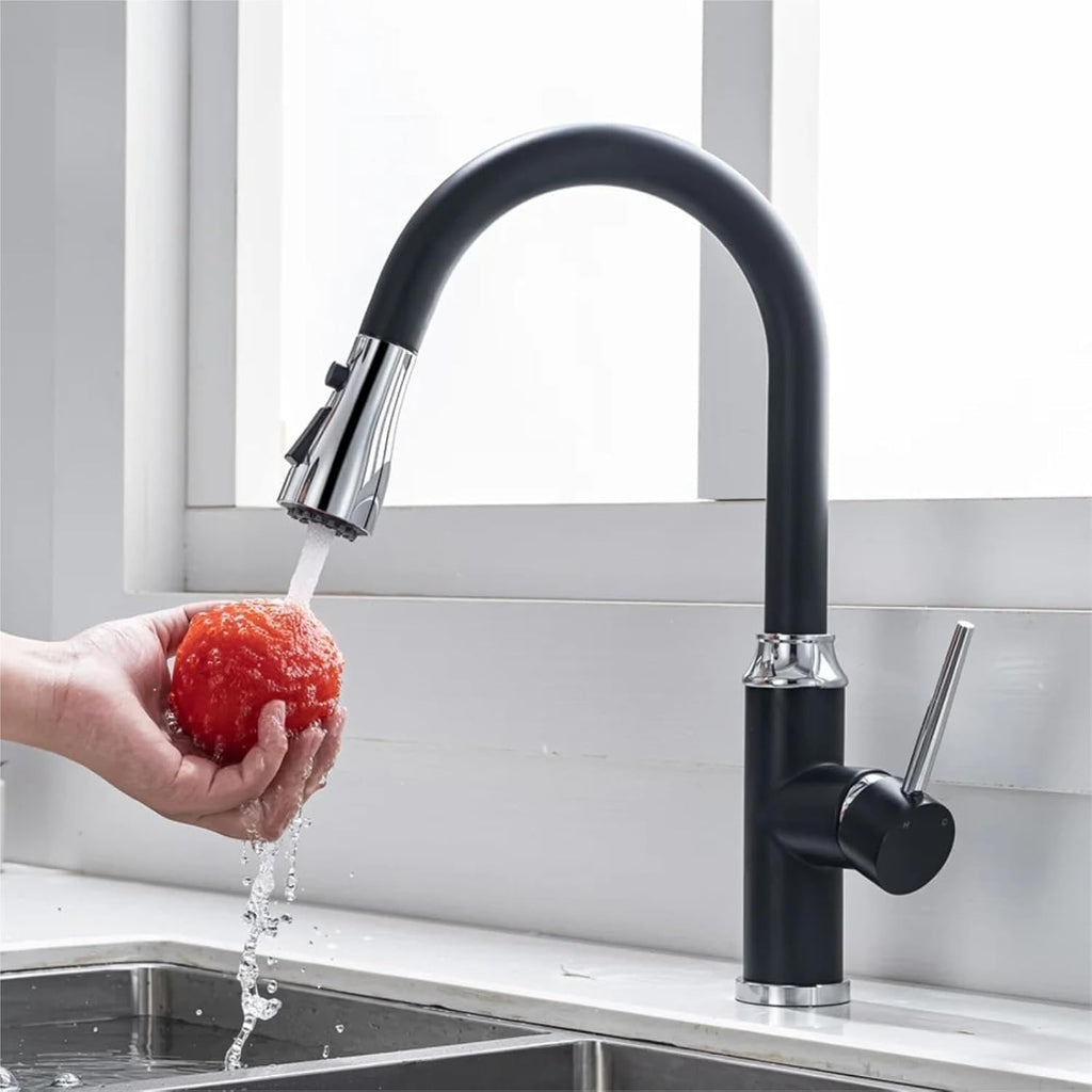 Kitchen Pull-Out Telescopic Faucet Hot and Cold Water Tank Mixing Valve Black Gold Kitchen Faucet(Black)