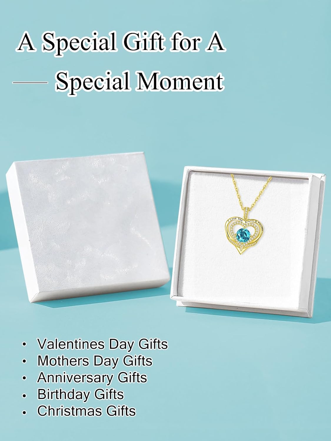 14K Gold Heart Necklaces for Women with Birthstone Pendant ，Double Hearts Necklace Jewelry Gift for Girlfriend Mom Anniversary Birthday Adjustable Chain 18' + 2' 'I Love You Always & Forever
