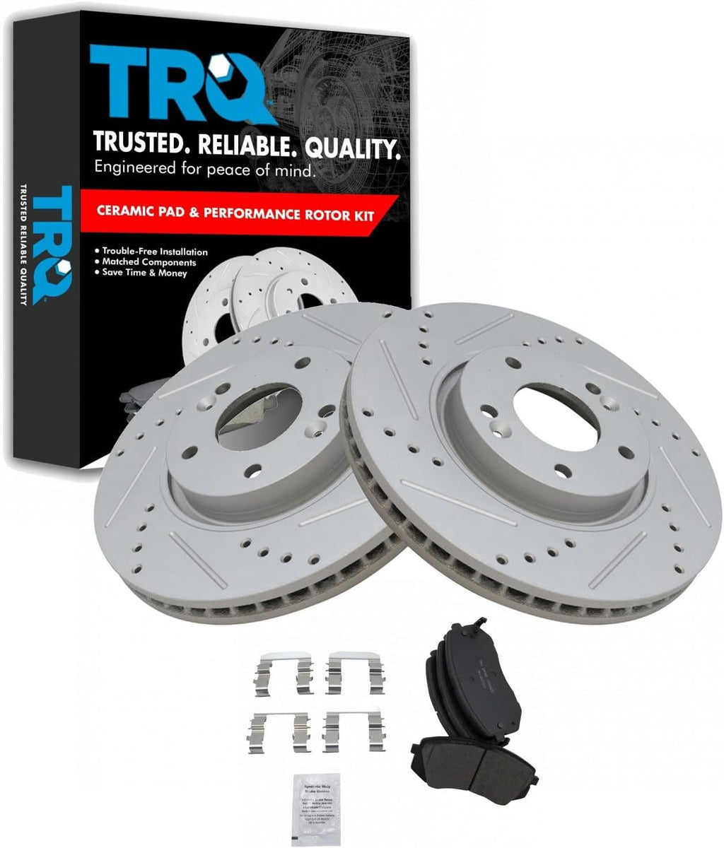TRQ Performance Front Brake Pad and Rotor Set Ceramic Coated Drilled Slotted Rotors Compatible with 2010-2015 Hyundai Tucson 2011-2016 Kia Sportage