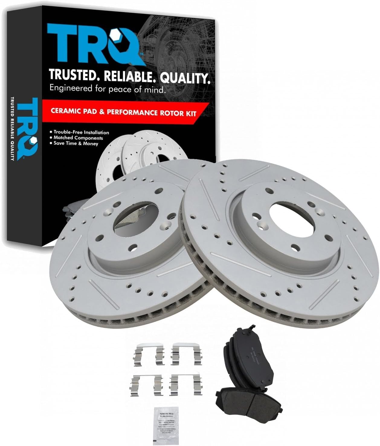TRQ Performance Front Brake Pad and Rotor Set Ceramic Coated Drilled Slotted Rotors Compatible with 2010-2015 Hyundai Tucson 2011-2016 Kia Sportage