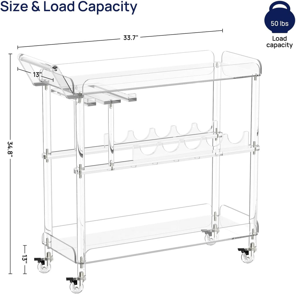 HMYHUM Acrylic Bar Cart with 4 Lockable Wheels, Clear Serving Cart with Wine Rack and Glass Holder, Rolling Beverage Cart for Home, Kitchen, Dinning Room, 33.7' L x 13' W x 34.8' H