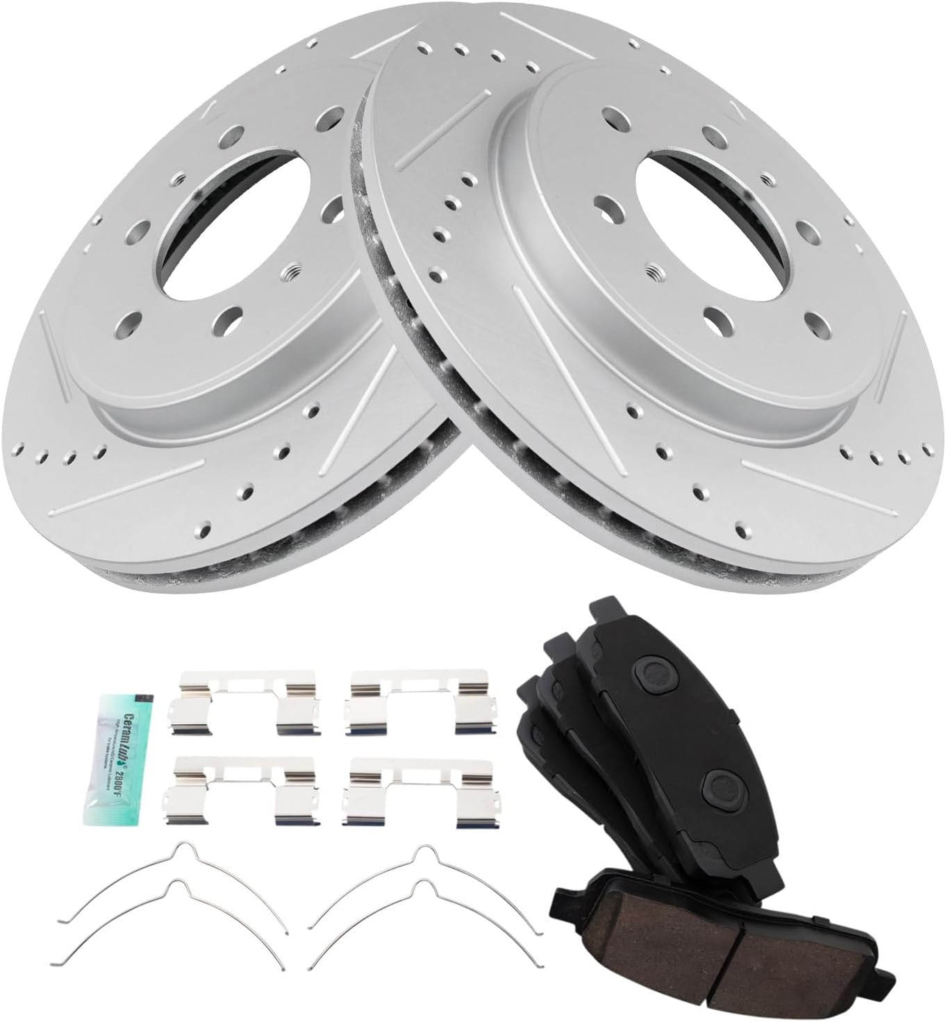 TRQ Performance Front Brake Pad and Rotor Set Ceramic G Coated Drilled Slotted Vented Rotors Compatible with 2009 Ford F-150