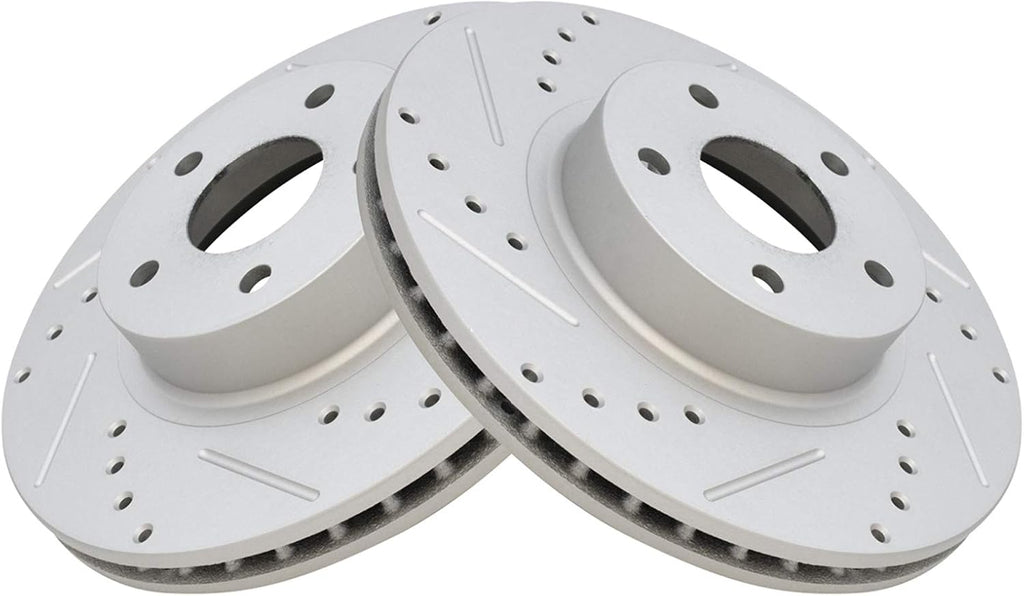 TRQ Performance Front Brake Pad and Rotor Set Ceramic Coated Drilled Slotted Vented Rotors Compatible with 1998-2002 Subaru Forester 1998-2001 Impreza 1997-2002 Legacy 2000 Outback